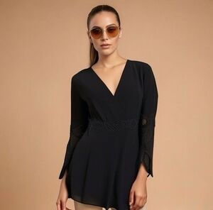 COLDWATER CREEK Womens Blouse L Black Chiffon V Neck Embellished Long Sleeve EXC